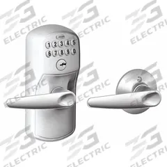 SCHLAGE RESIDENTIAL Electronic Keyless Lock: Keypad, Chrome (MPN FE575 PLY626JAZ). Key specifications — Product Type: Electronic Keyless Lock; Manufacturer Part Number: FE575 PLY626JAZ; Access Method: Keypad; Key Override Options: 5 Pin Tumbler C Keyway.