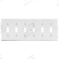 HUBBELL Wall Plate: Toggle, 6 Gang, White, Std Size (MPN P6W). Key specifications — Brand: HUBBELL; Material: Polycarbonate.
