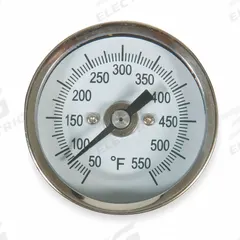 APPROVED VENDOR Dial Thermometer: 50°F to 550°F, 9 in Stem Lg, 2 in Dial Dia (MPN 1NFX7). Key specifications — Accuracy: ±1.5% Above 451 °F; Brand: APPROVED VENDOR.