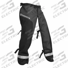HUSQVARNA Chainsaw Chaps: Polyester, 32 in Overall Lg, Black, Open Back Chap, Waist (MPN 587160702). Key specifications — Color: Black; Tag Size: Universal; Brand: HUSQVARNA; Features: Acetal Delrin Buckles; Standards: UL Certified; Adjustable Locations: Waist; Back of Leg Coverage: Open Back.