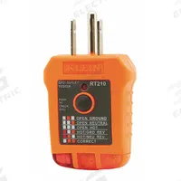 KLEIN TOOLS GFCI Receptacle Tester: 5-15P, Light, No Display, GFCI Testing (MPN RT210). Key specifications — Brand: KLEIN TOOLS.