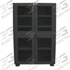 JAMCO Storage Cabinet: 36 in x 18 in x 78 in, 4 Adj Shelves, Swing Handle & Padlock Hasp, Legs (MPN DJ136BL). Key specifications — Brand: JAMCO; Body Panel Type: Ventilated; Base Type: Legs; Cabinet Color: Black; Frame Assembled: Assembled.