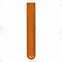 KIMBLE Test Tube: 15 mL, Test Tube, 16 mm Body Dia, 100 mm Overall Ht, Amber, Round (MPN 73500-16100A). Key specifications — Graduated: No; Includes Closure: No; Body Color: Amber; Brand: KIMBLE; Bottom Shape: Round.