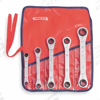 PROTO Box End Wrench Set: Alloy Steel, Chrome, 5 Tools, 7 mm to 17 mm Range of Head Sizes, Reversing (MPN J1190MLO). Key specifications — attr324927: PROTO; attr309452: Pouch; attr309451: Yes; attr309461: Chrome; attr309460: Alloy Steel; attr309463: No; attr309449: 7 mm to 17 mm.