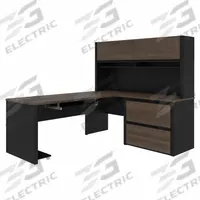 BESTAR L-Shaped Office Desk: Antigua/Black, 71 1/8 in Overall Wd, 82 7/8 in Overall Dp, ANSI/BIFMA (MPN 93867-000052). Key specifications — Color: Black; Desktop Color: Black Matrix; Material: Particle Board; Product Material: Laminate Particle Board.