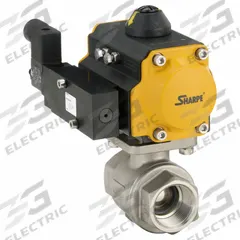 SHARPE Pneumatically Actuated Two-Way Ball Valve: 1/4 in, Stainless Steel, FNPT x FNPT, Three-Piece (MPN 4353015800). Key specifications — Brand: SHARPE; Pilot Solenoid Voltage: Not Included.