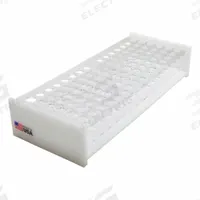 Tube Rack: 5 1/4 in Overall Wd, 2 1/2 in Overall Ht, 13 1/4 in Overall Lg, Acrylic, Clear/White (MPN 159565-4). Key specifications — Material: Acrylic; Color: Clear/White; Product Type: Test Tube Rack; Total Holding Capacity: (90) Tubes; Brand: DYNALON.