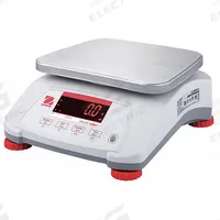 OHAUS Food Scale: 7 1/2 in Weighing Surface Dp, 9 1/2 in Weighing Surface Wd, 4 7/8 in Overall Ht (MPN V41PWE6T). Key specifications — Readability: 0.002 lb/1 g; Brand: OHAUS; IP Rating: IPX8.