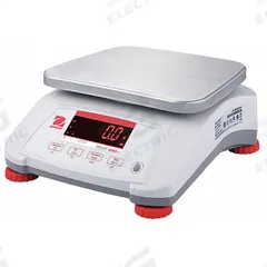OHAUS Food Scale: 7 1/2 in Weighing Surface Dp, 9 1/2 in Weighing Surface Wd, 4 7/8 in Overall Ht (MPN V41PWE6T). Key specifications — Readability: 0.002 lb/1 g; Brand: OHAUS; IP Rating: IPX8.