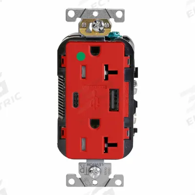 LEVITON Receptacle: Duplex, 5-20R, 1 USB Ports, USB Type A/C, Red, 125V AC - Hospital-Grade Receptacles with USB Chargers