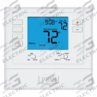 PRO1 IAQ Low Voltage Thermostat: Heat and Cool, Manual, B/C/E/G/O/R/W2/Terminal Designations, Square (MPN T725). Key specifications — Application: Heat and Cool; Stages: 1H/1C Conventional, 2H/1C Heat Pump; Programming Capability: 7 Day; Shape: Square; Terminal Designations: B; Temperature Control Range: 44° to 90°F; Changeover Type: Manual; Brand: PRO1 IAQ.
