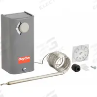 DAYTON Line Volt Mechanical Tstat: -30° to 90°F, Steel, Adj, 3° to 12°F, 120V/240V/277V AC Volt (MPN 6EDY7). Key specifications — Switch Type/Action: SPDT, Open/Close on Rise; Temperature Control Range: -30° to 90°F; Temperature Differential: 3° to 12°F; Voltage: 120V/240V/277V AC; Capillary Length/Bulb Diameter: 8 ft Capillary, 5 in x 1/4 in Bulb; Brand: DAYTON; Differential Type: Adjustable; Enclosure Material: Steel.