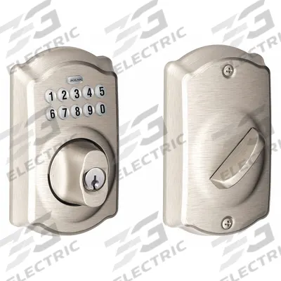 SCHLAGE RESIDENTIAL Trim Keypad Deadbolt: 1 3/4 in Door Thick - Max, Push Button, Nickel (MPN BE365 CAM 619) - Mechanical Keyless Access Deadbolts