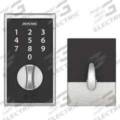 SCHLAGE RESIDENTIAL Electronic Keyless Lock: 1 3/4 in Door Thick - Max, Push Button, Chrome (MPN BE375 CEN 626). Key specifications — Power Source: 9V Battery.