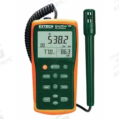 EXTECH Indoor Air Quality Analyzer: Built in Sensors/Custom Alerts/Data Logging, Carbon Dioxide, LCD (MPN EA80). Key specifications — Manufacturer Part Number: EA80; Brand: EXTECH; Digital Display Screen Type: LCD; Features: Maintenance Free Dual Wavelength NDIR (Non-Dispersive Infrared) CO2 Sensor; Includes: RS-232 Interface Cable; PPM Accuracy: ±3% of Reading or ±50ppm (Whichever is Greater); Power Source: Battery; Relative Humidity Accuracy: ±3% @ 77°F from 30 to 95% RH.