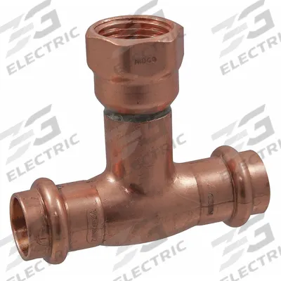 NIBCO Crimp Tee Fitting: Tee, 3/4 in CTS x 3/4 in CTS x 1/2 in Pipe size, Copper - Plumbing Copper & Bronze Press Tube Fittings