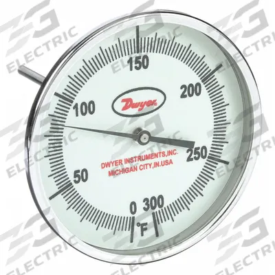Dwyer Glow-in-the-Dark Dial Thermometer: 0°F to 300°F, +/- 1% Accuracy, 5 in Dial Dia - Fixed-Angle Glow-in-the-Dark Thread-Mount Dial Thermometers