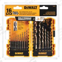 DEWALT Jobber Length Drill Bit Set: 16 Pc, 1/16" to 1/2", 135° Pilot Point, Straw/Bronze HSS (MPN DW1956). Key specifications — attr1236168: ToughCase®+.