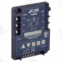 Line Voltage Monitor: Three Phase, Monitors Line Volt, SPDT - NO/NC, LCD, 18V AC / 240V AC (MPN ICM450A). Key specifications — Manufacturer Part Number: ICM450A; Brand: ICM; Display Type: LCD; Percentage Volts Unbalance: 2 to 20%, Adj.; Contact Form - Action: SPDT - NO/NC.