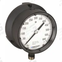 ASHCROFT Process Pressure Gauge: 0 psi to 600 psi, White, 4 1/2 in Dial, 1/2 in NPT Male, Bottom, 4X (MPN 451379SSL04L600#). Key specifications — Brand: ASHCROFT; Pointer Color: Black; Accuracy: ±0.5%; Dial Color: White; Gauge Wetted Parts: Stainless Steel; Case Material: Epoxy-Coated Aluminum; Vibration Resistance Properties: Liquid-Filled; Pressure Range: 0 psi to 600 psi.
