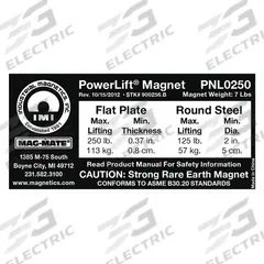 MAG-MATE Replacement Capacity Sticker: 900256, Below-the-Hook Lifting Magnets. Key specifications — Brand: MAG-MATE; Manufacturer Part Number: 900256; Product Type: Capacity Sticker.