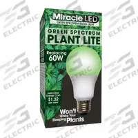 LED Grow Bulb: LED, A19, 120V, Green, 60 W Incandescent Watt Equivalency (MPN 601822). Key specifications — attr1259935: MIRACLE LED; attr1259941: A19; attr1259954: Green.