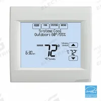 HONEYWELL HOME Low Voltage Thermostat: Heat and Cool, Auto and Manual, 7 Day, Horizontal, Rectangle (MPN TH8110R1008). Key specifications — Application: Heat and Cool; Stages: 1H/1C Conventional, 1H/1C Heat Pump; Programming Capability: 7 Day; Shape: Rectangle; Terminal Designations: G; Temperature Control Range: 40° to 99°F; Changeover Type: Automatic and Manual; Brand: HONEYWELL HOME.