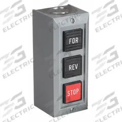SQUARE D Control Station: (3) Push Buttons, 0 Pilot Lights, 2NO/3NC, Forward/Reverse/Stop (MPN 9001BG302). Key specifications — attr1022946: Forward/Reverse/Stop; attr1022956: Red; attr211290: SQUARE D; attr1042017: Indoor Use Only; attr1089900: (3) Push Buttons.
