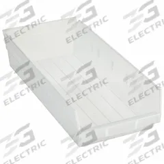 QUANTUM STORAGE SYSTEMS Shelf Bin: 17 7/8 in Overall Lg, 8 3/8 in x 4 in, Clear, Nesting Capable (MPN QSB108CL). Key specifications — attr1179622: QUANTUM STORAGE SYSTEMS; attr1179611: 0%; attr1179616: QSB108CL; attr1179624: Dividers Not Included; attr1249172: Not Electrostatic Discharge Conductive.