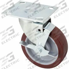 APPROVED VENDOR Plate Caster: Swivel, Side Brake, Polyurethane, 6 in Wheel Dia., 1 1/2 in Wheel Wd (MPN 02XA06128S001GN). Key specifications — attr1100274: APPROVED VENDOR; attr1100312: Red; attr1176041: Swivel with Brake.
