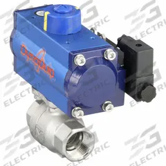 DYNAQUIP CONTROLS Pneumatically Actuated Two-Way Ball Valve: 1 in, Stainless Steel, FNPT x FNPT (MPN P2S25AJDA052A). Key specifications — Brand: DYNAQUIP CONTROLS; Pilot Solenoid Voltage: 115V AC.