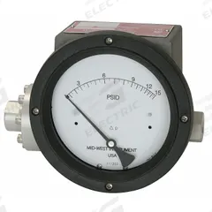 MIDWEST INSTRUMENT Differential Pressure Gauge & Switch: In-Line, 1/4 in NPT Female, 240, IP65 4X (MPN 240-SC-02-O(AAA)-20P). Key specifications — Sensor Type: Diaphragm; Series: 240; Housing Material: 316 Stainless Steel; Certificate of Calibration: Not Included; Gauge Accuracy: ±3-2-3%.