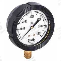 SPAN Pressure Gauge with Internal Seal: 0 psi to 6,000 psi, LFS-210, 2 1/2 in Dial, Buna-N, Brass, 4 (MPN LFS-210-6000-G-KEMX). Key specifications — Brand: SPAN; Gauge Case Liquid: Glycerin; Seal Fill Liquid: Instrument Oil; Seal Lower Housing Material: Brass; Accuracy: ±1.00%; Pressure Range: 0 psi to 6,000 psi; Gauge Wetted Parts: Brass / Copper.