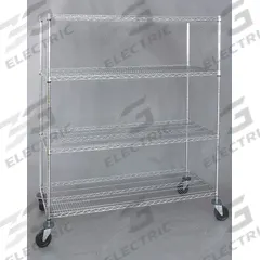 APPROVED VENDOR Wire Shelving Unit: 18 in x 48 in x 69 in, Dry, Split Sleeve, 4 Shelves, Silver (MPN 1ECH6). Key specifications — attr15738: Silver; attr14157: Chrome; attr14150: Dry; attr14159: Round; attr5304: 4; attr14155: (2) Swivel with Brakes; attr14158: Steel; attr14156: Rubber.