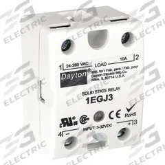 DAYTON Solid State Relay: Surface Mounted, 10 A Max Output Current, Triac, AC Output (MPN 1EGJ3). Key specifications — Brand: DAYTON; Current Type: DC; Electrical Connection: Screw; Finger Safe: Yes; Maximum Output Current without Heat Sink: 10 A; Mounting Style: Surface; Output Voltage: 24 to 280V AC; Switch Configuration: Form B.
