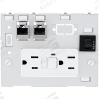 MURRELEKTRONIK Combination Insert: RJ45 Cat5E, (2) NEMA 5-15 GFCI, (1) 3A Fuse, 116 mm x 88 mm (MPN 4000-68000-4120000). Key specifications — Brand: MURRELEKTRONIK; Socket Configuration: (2) NEMA 5-15 GFCI; Resets: (1) 3A Fuse; Data Port Configuration: (2) RJ45 8-Pole Metal CAT5e Female-to-Female; Insert Design: Data & Power Insert with 3A Reset.
