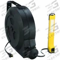 LUMAPRO Extension Cord Reel with Hand Lamp: 40 ft Cord Lg, 16 AWG, SJTW, 800 lm, 5-15P Feeder End (MPN 443P49). Key specifications — attr1327204: LUMAPRO; attr1327206: 5-15P; attr1327208: 5-15R; attr1327210: 5000K; attr1327197: 120V AC.