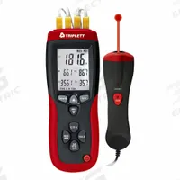 TRIPLETT Thermometer: -328°F (Type K) to 2,501°F (Type K), For Type K Thermocouple Type, 4 Channels (MPN TMP74). Key specifications — Testing Functions: Average Temperature; Accuracy: ±0.15 % of Reading + 1 °F/1 °C Above -148 °F/-100 °C; Brand: TRIPLETT.