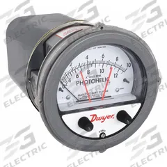 DWYER Differential Pressure Gauge & Switch: Single-Side, 1/8 in NPT Female, ±2% Gauge Accuracy (MPN A3010AV). Key specifications — Sensor Type: Diaphragm; Series: A3000 Photohelic; Housing Material: Die Cast Aluminum; Certificate of Calibration: Not Included; Gauge Accuracy: ±2%.