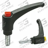 ELESA Adjustable Handles: Black Cap, Plastic w/ Steel Thread, 5/16"-18 Thread, 2.5 in Thread Lg (MPN 90234358-C1). Key specifications — Push Button Color: Black; Brand: ELESA.