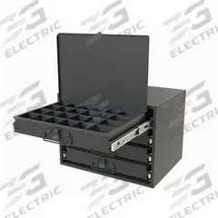 Sliding Drawer Cabinet: 15 5/8 in x 11 7/8 in x 11 7/8 in, 4 Drawers, Gray, Bearing, Assembled, Pull (MPN 307B-95-D947). Key specifications — Cabinet Color: Gray; Includes Dividers: No; Drawer Inside HxWxD: (20) 2 in x 2-3/16 in x 1-15/16 in (4) 2 in x 2-3/16 in x 2-3/4 in; Stackable: Yes; Number of Compartments per Drawer: (4) 24; Brand: DURHAM MFG.