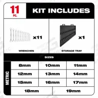 MILWAUKEE Combination Wrench Set: Alloy Steel, Chrome, 11 Tools, 8 mm to 22 mm Range of Head Sizes (MPN 48-22-9511). Key specifications — attr309520: Chrome; attr309519: Alloy Steel; attr324929: MILWAUKEE; attr309512: Storage Tray; attr309522: No; attr309533: Yes.