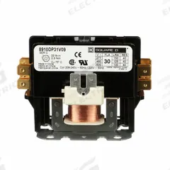 SQUARE D Definite Purpose Magnetic Contactor: 1 Poles, 208-240V AC, 30 A, Non-Reversing (MPN 8910DP31V09). Key specifications — Brand: SQUARE D; Coil Voltage: 220/208-240V AC; Contactor Style: HVACR Definite Purpose Contactor; Terminal Connection Type: Quick-Disconnect Terminals; Maximum Voltage Rating: 600V AC; Series: 8910 Series Type DP; Phase: Single; Main Pole Contact Form: 1NO.