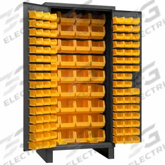 DURHAM MFG Bin Cabinet: 36 in x 24 in 78 in, 0 Shelves, 132 Bins, Yellow, Flush, 14 ga Panel, Gray (MPN 3702-132-95). Key specifications — Bin Color: Yellow; Bin HxWxD: (96) 4 in x 5 in x 3 in; Assembled: Assembled; Cabinet Style: Shelf and Bin; Brand: DURHAM MFG; Cabinet Color: Gray; Cabinet Finish: Powder Coated; Cabinet Material: Steel.