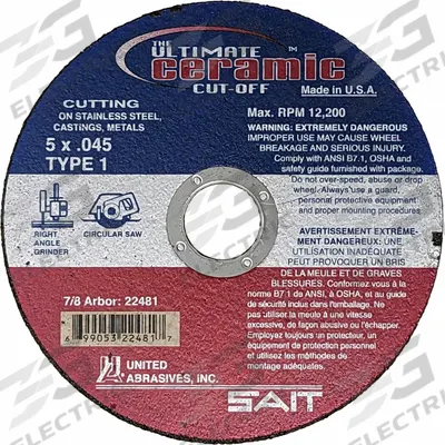 UNITED ABRASIVES-SAIT Abrasive Cutting Wheel: Type 1, 5" x 0.045" x 7/8", Ceramic, 60 Grit - Cool-Cutting Cut-Off Wheels for Carbon & Stainless Steel