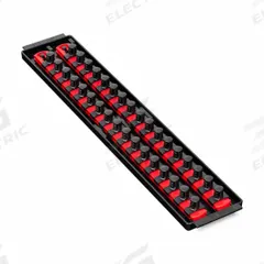 ERNST MANUFACTURING Twist-Lock Socket Organizer Tray: Red, 3 5/8 in Overall Wd, 34 Posts/Slots (MPN 8454). Key specifications — attr1125333: I.D. Stickers; attr1125348: Plastic; attr1125346: ERNST MANUFACTURING; attr1125347: Red; attr1136588: Sockets; attr1125364: Socket Rail.