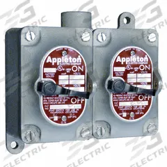 APPLETON ELECTRIC Tumbler Switch: 2 Gang, 1-Pole, 20 A, 277 V AC, Dead-End Hub, 3/4 in Hub Size (MPN EDS275-F1). Key specifications — attr211272: APPLETON ELECTRIC.