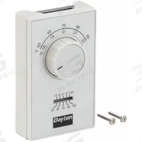 DAYTON Line Volt Mechanical Tstat: Heat Only, On-Off, 50° to 90°F, Exposed Dial, 120 to 277V AC, 1H (MPN 4PU49C). Key specifications — Application: Heat Only; System Settings: On-Off; Switch Type/Action: SPST, Open on Rise; Temperature Control Range: 50° to 90°F; Stages: 1H; Voltage: 120 to 277V AC; Brand: DAYTON; Control Type: Exposed Dial.