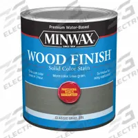 MINWAX Wood Stain: Wood Stain, Interior, Water, 1 qt Container Size, Wood, Satin, Classic Gray (MPN 108210000). Key specifications — Brand: MINWAX; Transparency: Solid; Use Location: Interior; Sheen: Satin; Sub-Brand: Wood Finish; Color: Classic Gray.