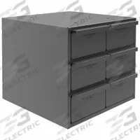 DURHAM MFG Drawer Bin Cabinet: 11 3/4 in x 12 1/4 in x 11 in, 6 Drawers, Stackable, Steel, Gray (MPN 001-95). Key specifications — Cabinet Material: Steel; Includes Dividers: Yes; Cabinet Finish: Powder Coated; Drawer Color: Gray; Cabinet Style: Drawer; Assembled: Assembled; Drawer Inside WxDxH: (6) 5-15/32 in x 11-1/4 in x 3-3/16 in; Cabinet Color: Gray.